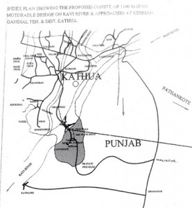 Index plan showing proposed 1100 meter span bridge on river Ravi at Keerian-Gandial in Kathua.