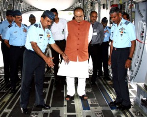 Chief of the Air Staff, Air Chief Marshal Arup Raha briefing the Defence Minister Arun Jaitely on the strategic capabilities and role of the C-17 Globemaster III inside the Cargo compartment of the aircraft during his visit to Air Force Station Palam.
