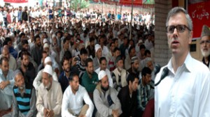 Chief Minister Omar Abdullah addressing National Conference workers at Chadoora on Thursday.