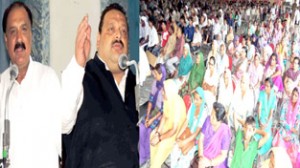 NC leaders Surjeet Singh Slathia and Devender Singh Rana addressing party convention at Kathua on Monday.