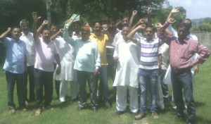 The ration dealers holding protest in support of their demands on Wednesday.