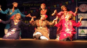 Artists presenting cultural item during foundation day programme by Vomedh Theatre Group at Jammu on Sunday.