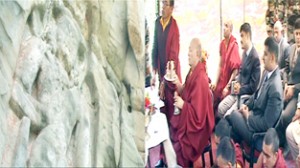 Lama Gurfil Rinpochay performing first pooja of Central Asia’s oldest Lord Buddha statue at Appatee in Kargil.