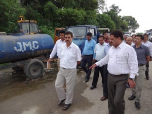 Secretary, H&UDD Satish Nehru alongwith JMC Commissioner Kiran Wattal, inspecting the store of Corporation at Manda on Monday.