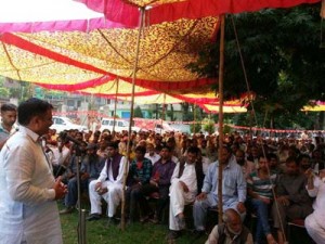 Javed Rana addressing a public meeting at Mendhar on Monday.