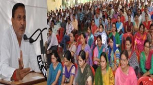 Minister for PHE, Sham Lal Sharma addressing a gathering of teachers at Akhnoor on Sunday.
