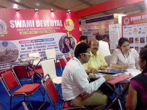 Experts giving counselling to students during the Ist day of Educatus Expo 2014, at Gandhi Nagar in Jammu.