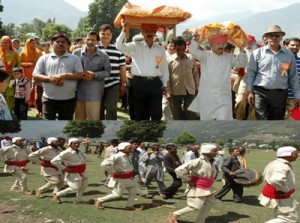 Devotees during Annual Sarthal Devi Ji Yatra at Kishtwar on Saturday.