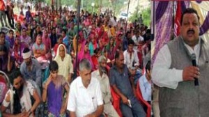 Provincial President NC Devender Singh Rana addressing public gathering at Udhampur on Thursday.