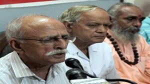 Secretary Dharmarth Trust addressing press conference at Jammu on Thursday. —Excelsior/Rakesh