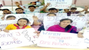 Dental surgeons raising slogans during protest at Jammu on Saturday.