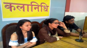Theatre artist Bhasha Sumbli talking to media persons at Jammu on Saturday. 