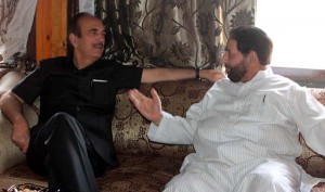 Congress leader Ghulam Nabi Azad in a meeting with Hakeem Yasin in Srinagar on Saturday.