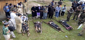 Bodies of four militants who were killed in fierce gun battle at Kalaroos, Kupwara on Sunday. -Excelsior/ Aabid Nabi