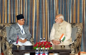 Minister of Foreign Affairs of Nepal, Mahendra Bahadur Pandey in meeting with Prime Minister Narendra Modi in Kathmandu, Nepal on Sunday. (UNI)