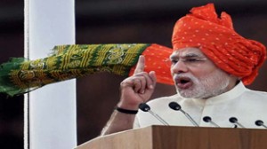 Prime Minister Narendra Modi addressing the Nation from rampart of the historic Red Fort during the 68th Independence Day function in New Delhi.