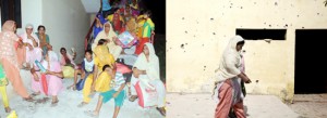 The migrants from border villages putting up in a Government building (left) while a woman walks in front of her house hit by series of bullets in RS Pura sector. —Excelsior/Rakesh