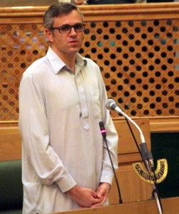 Chief Minister Omar Abdullah speaking on the first day of the State Legislative Assembly session in Srinagar on Monday.  —Excelsior/Amin War