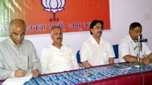 BJP leaders at whole timers meeting at Jammu on Monday.   -Excelsior/Rakesh