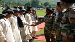 Army officers interacting with Gujjar youth before flagging off tour at Mendhar on Thursday.