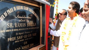Minister for Horticulture, Raman Bhalla and Prof Saif-ud-Din Soz laying foundation stone of park on Wednesday.