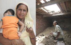 A woman shows a shell that fell in her house while a man watches his damaged house in forward villages of RS Pura sector on Friday.          -Excelsior/ Rakesh