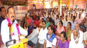 Dr Jitendra Singh addressing a function at Kathua on Sunday. -Excelsior/Madan