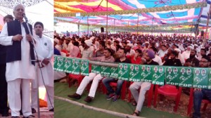 PDP patron Mufti Mohd Sayeed addressing public meeting at Sunjwan on Wednesday. 