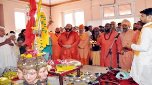 Chhari Pujan being performed at Dashnami Akhara, Srinagar on Friday.