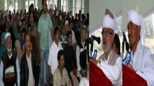 Minister for Rural Development Ali Mohammad Sagar and Minister for Urban Development, Rigzin Jora addressing public gathering at Makhdoom Sahib on Thursday.