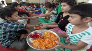 Children celebrating Raksha Bandhan at Bal Ashram, Ambphalla on Sunday. -Excelsior/Rakesh