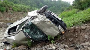 Wreckage of car after accident near Pouni in Reasi on Sunday. -Excelsior/Mengi