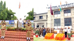Prof MPS Ishar, JU VC and Prof Devanand, Incharge VC of CUJ, taking salute after flag hoisting ceremony during Independence Day celebration at their respective institutions.