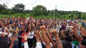 Panthers Party activists protesting at Chak Rakhwalan Railway Station on Saturday.