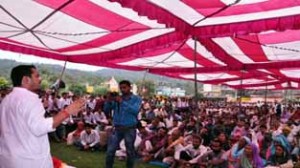 PYC leader R S Pathania addressing rally at Ramnagar on Friday.