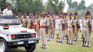 Minister for Forests, Mian Altaf inspecting I-Day parade at Ganderbal.