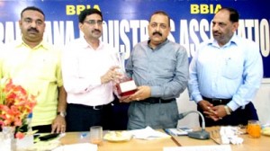 BBIA president Annil Suri presenting a memento to Dr Jitendra Singh during a felicitation function on Saturday.
