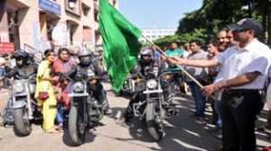 IGP Jammu, Rajesh Kumar flagging off riders Expedition from Bahu Plaza in Jammu on Sunday. —Excelsior/Rakesh