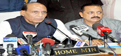 Union Home Minister Rajnath Singh and MoS in PMO Dr Jitendra Singh addressing a joint press conference in Jammu on Saturday. -Excelsior/Rakesh
