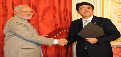 Prime Minister Narendra Modi and Prime Minister of Japan Shinzo Abe after signing the agreements, at Akasaka Palace, in Tokyo, Japan on Monday. (UNI)