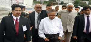 President Pranab Mukherjee at Mata Vaishno Devi Bhawan along with Governor N N Vohra and SMVDSB CEO Dr Mandeep K Bhandari on Tuesday.