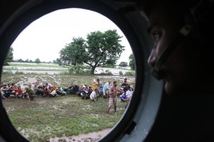 Army chief Gen Dalbir Singh Suhag conducting aerial survey of flood affected areas in Akhnoor on Sunday.
