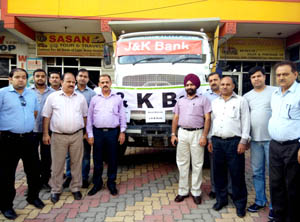 J&K Bank officers dispatching relief material for Pancheri victims.