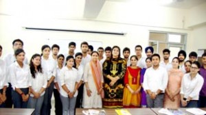Khair Ull Nissa, Director of World Trade Centre, Noida and Prof Neelu Rohmetra with the students of ICccR & HRM during an interactive session at JU on Tuesday.