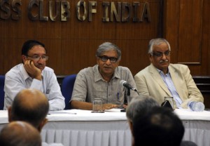 Experts giving their views on J&K floods during a press conference by PCI at New Delhi on Tuesday.