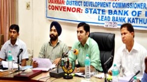DC, Dr Shahid Iqbal Chaudhary chairing DCC/DLRC meeting of bankers at Kathua on Monday.
