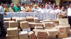 State BJP leaders dispatching relief meterial for flood hit people.