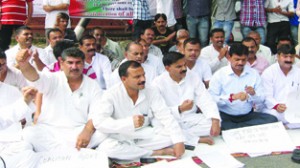 NPP MLAs and workers staging protest outside Raj Bhawan on Saturday.