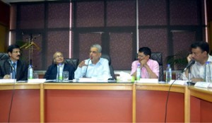 Chairman J&K Bank Mushtaq Ahmad chairing a meeting on Tuesday.