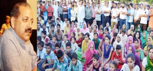 Union MoS in PMO Dr Jitendra Singh addressing border migrants at Hiranagar on Monday. -Excelsior/Madan